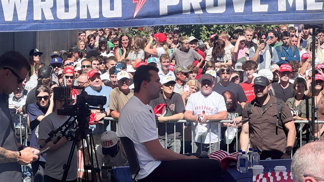This screen grab from a video by Amy King shows right-wing youth activist and influencer Charlie Kirk speaking during a public event at Utah Valley University minutes before he was shot in Orem, Utah